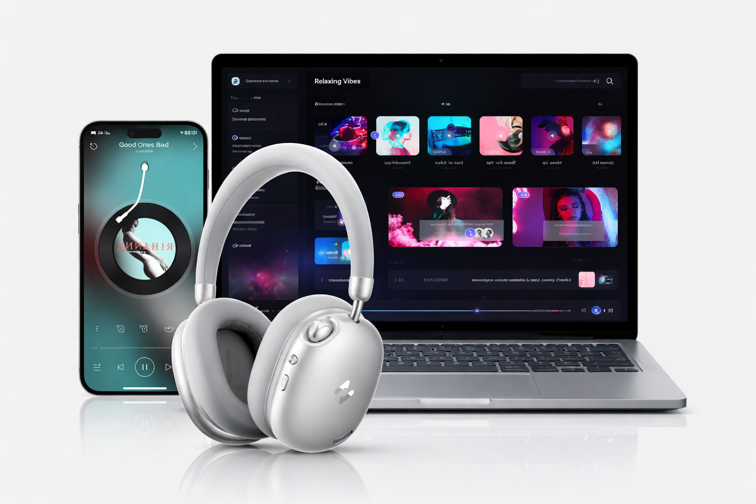 Silver wireless over-ear headphones in front of laptop and smartphone with music apps open