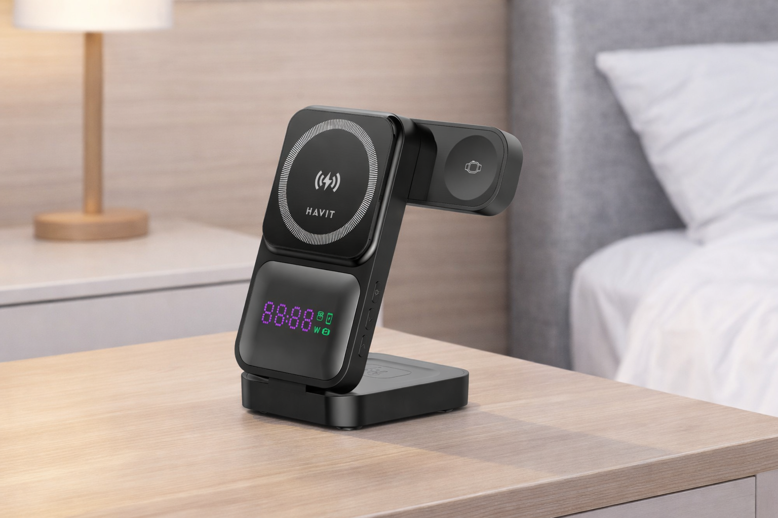 Havit 3-in-1 wireless charger on bedside table in modern bedroom
