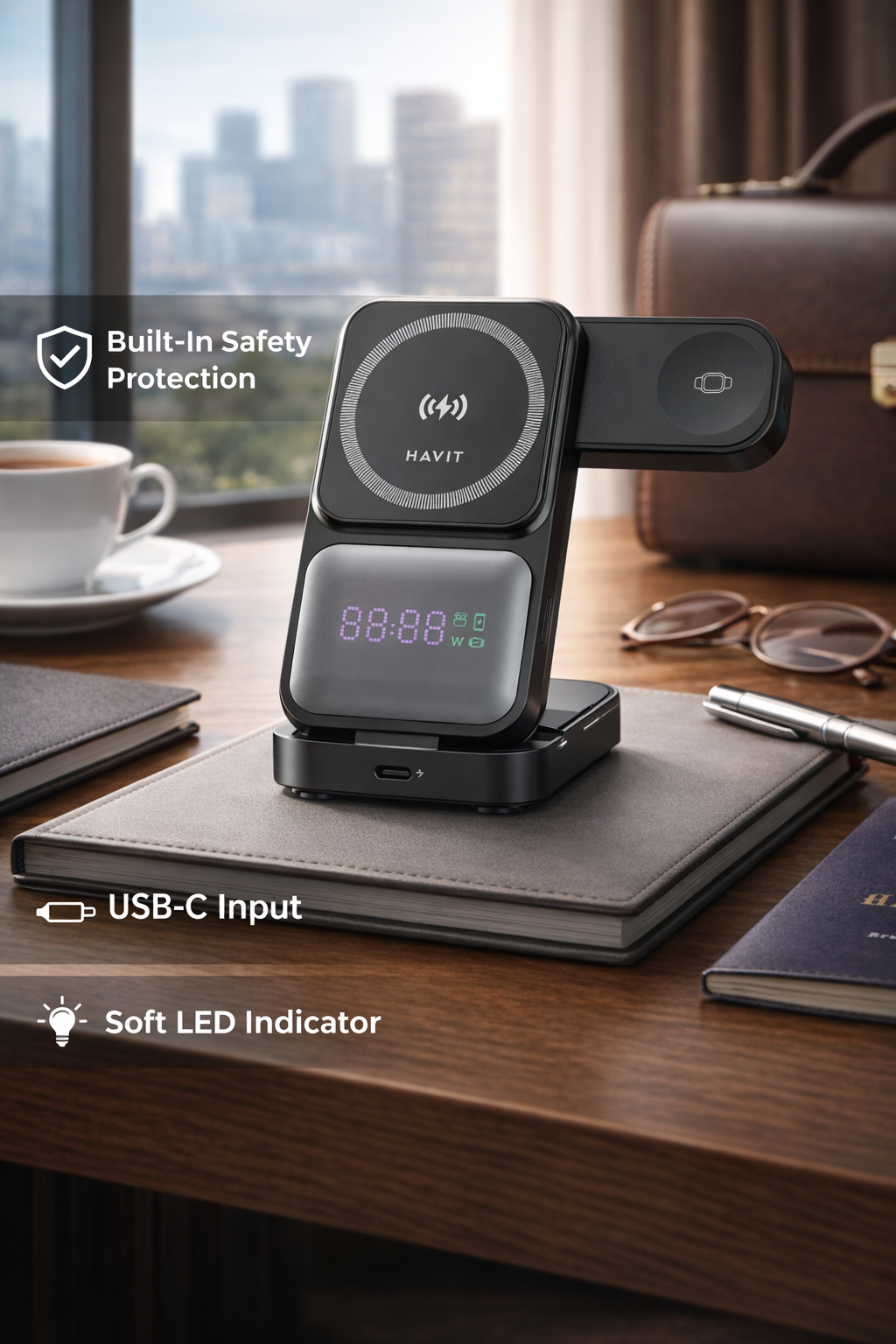 HAVIT 3-in-1 wireless charging station on a business travel desk with USB-C input and soft LED indicator