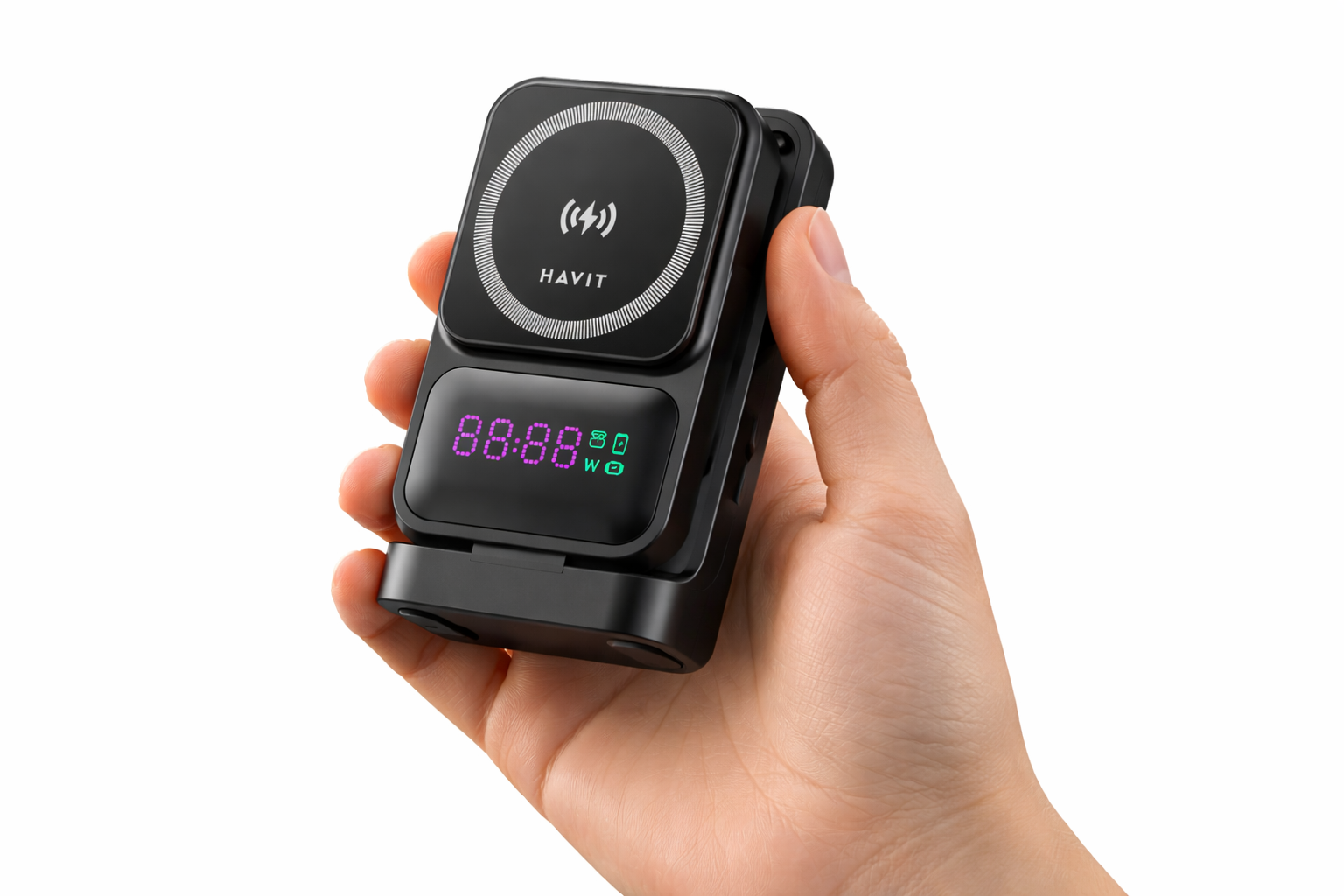 Hand holding Havit 3-in-1 foldable wireless charger in compact mode