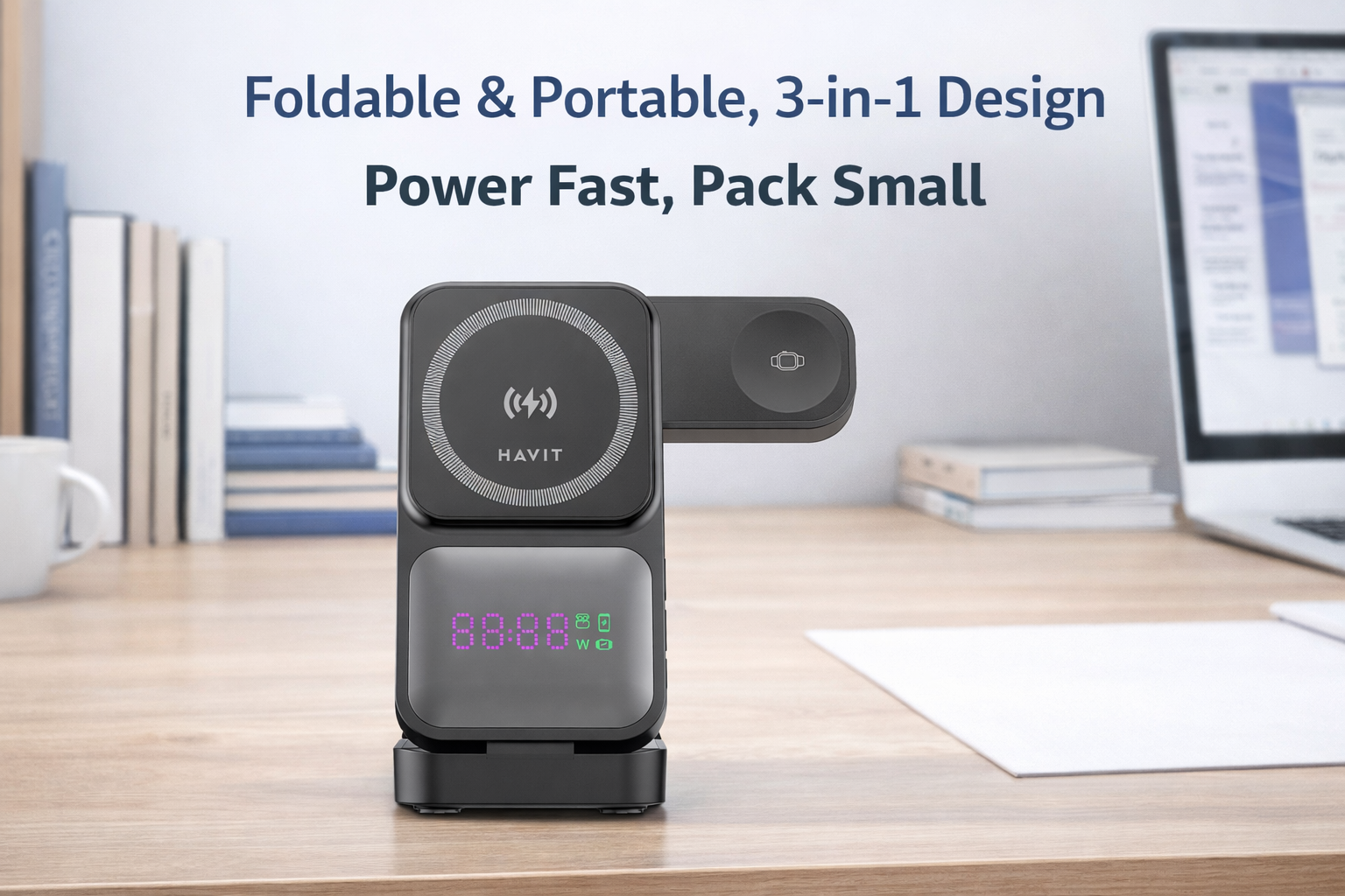Havit 3-in-1 foldable wireless charger on study desk with foldable and portable design text