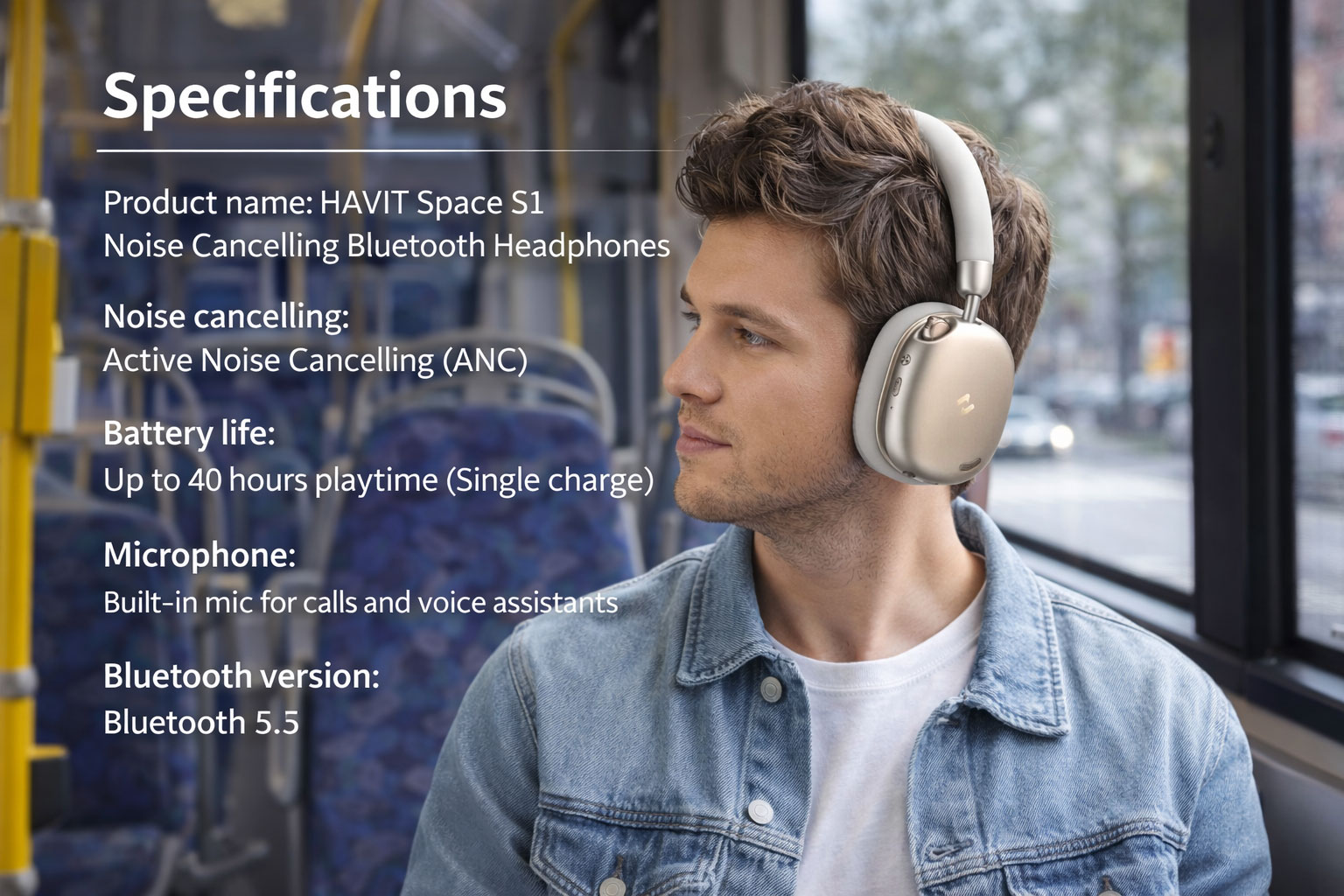 Man wearing HAVIT Space S1 noise cancelling Bluetooth headphones inside a bus with product specifications text