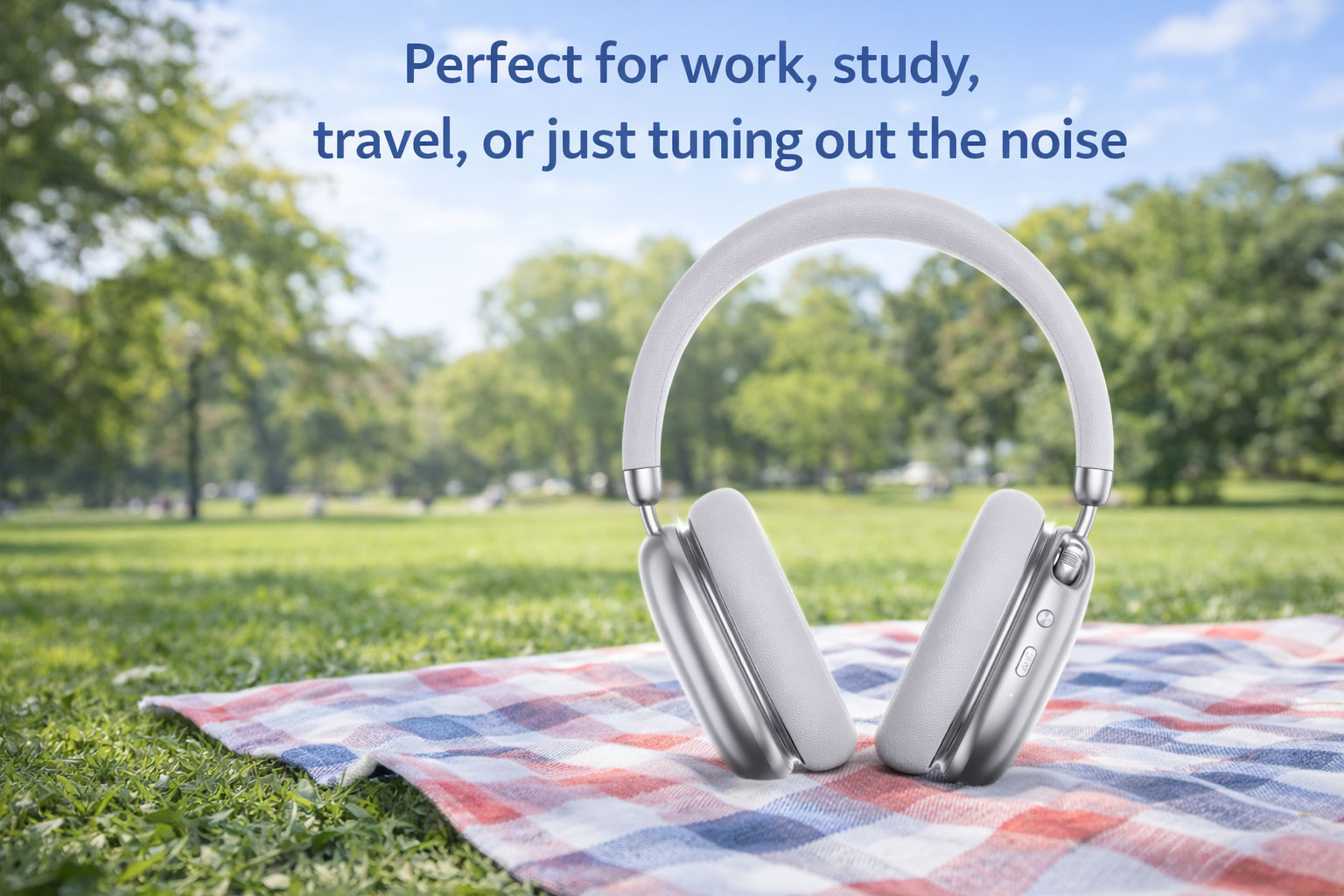 HAVIT Space S1 wireless noise cancelling headphones on a picnic mat in a park with lifestyle text