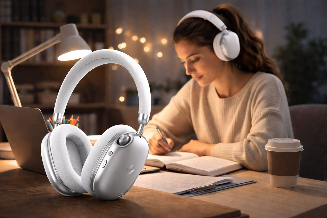 Female student studying at night wearing HAVIT Space S1 noise cancelling headphones at home desk