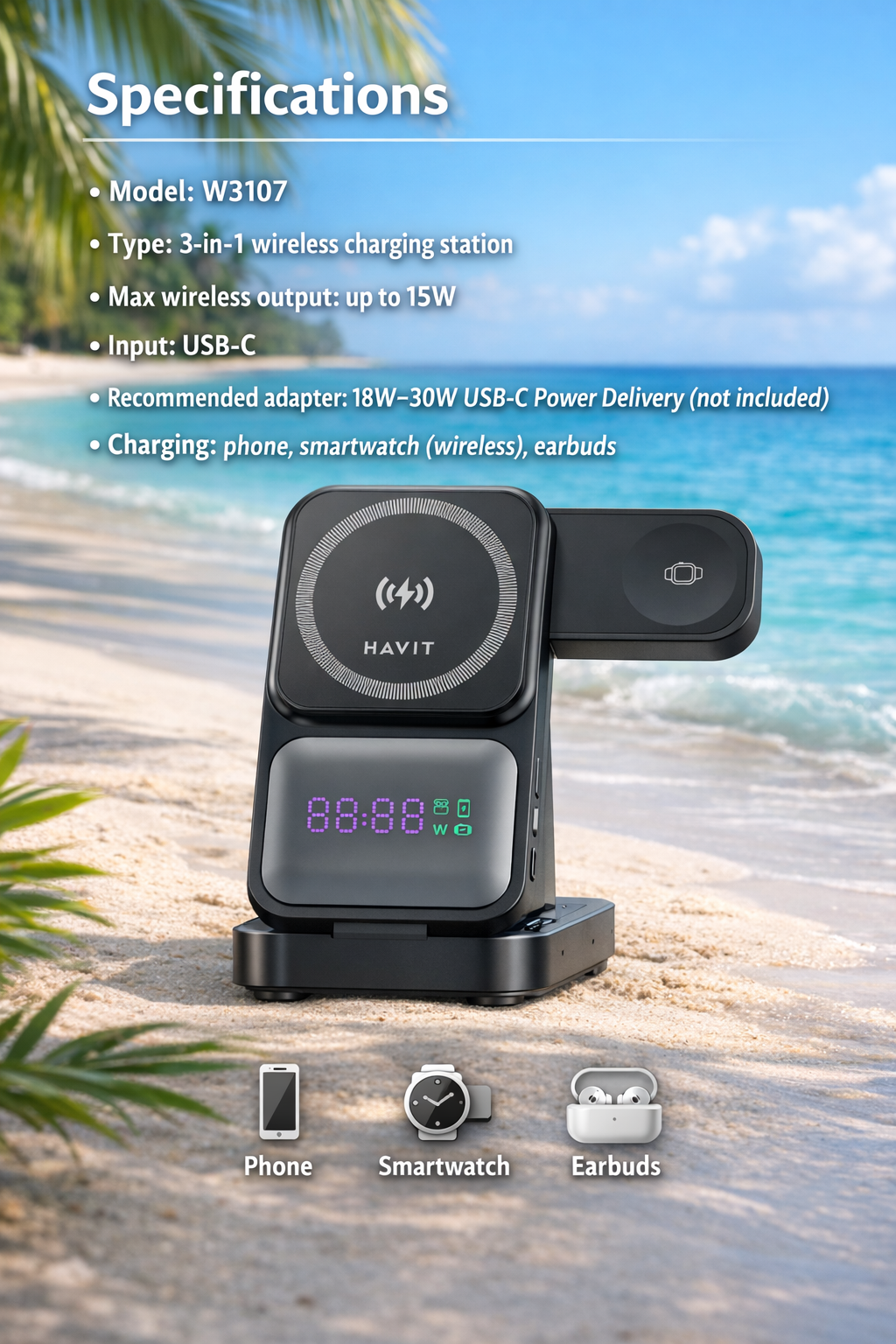 HAVIT W3107 3-in-1 wireless charging station on a turquoise beach background with specifications text