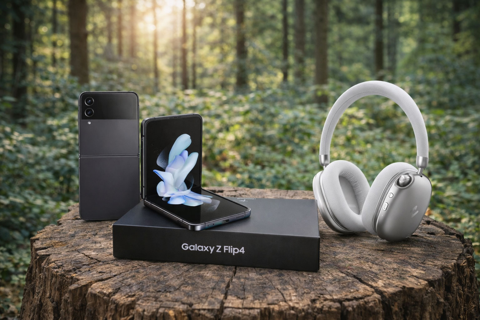 Rent Samsung Z Flip 4 and headphones on wood log