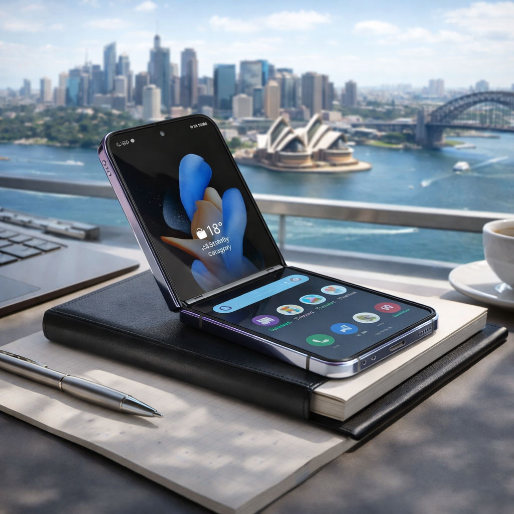 Samsung Galaxy Z Flip 4 on notebook desk with Sydney Opera House and Harbour Bridge background