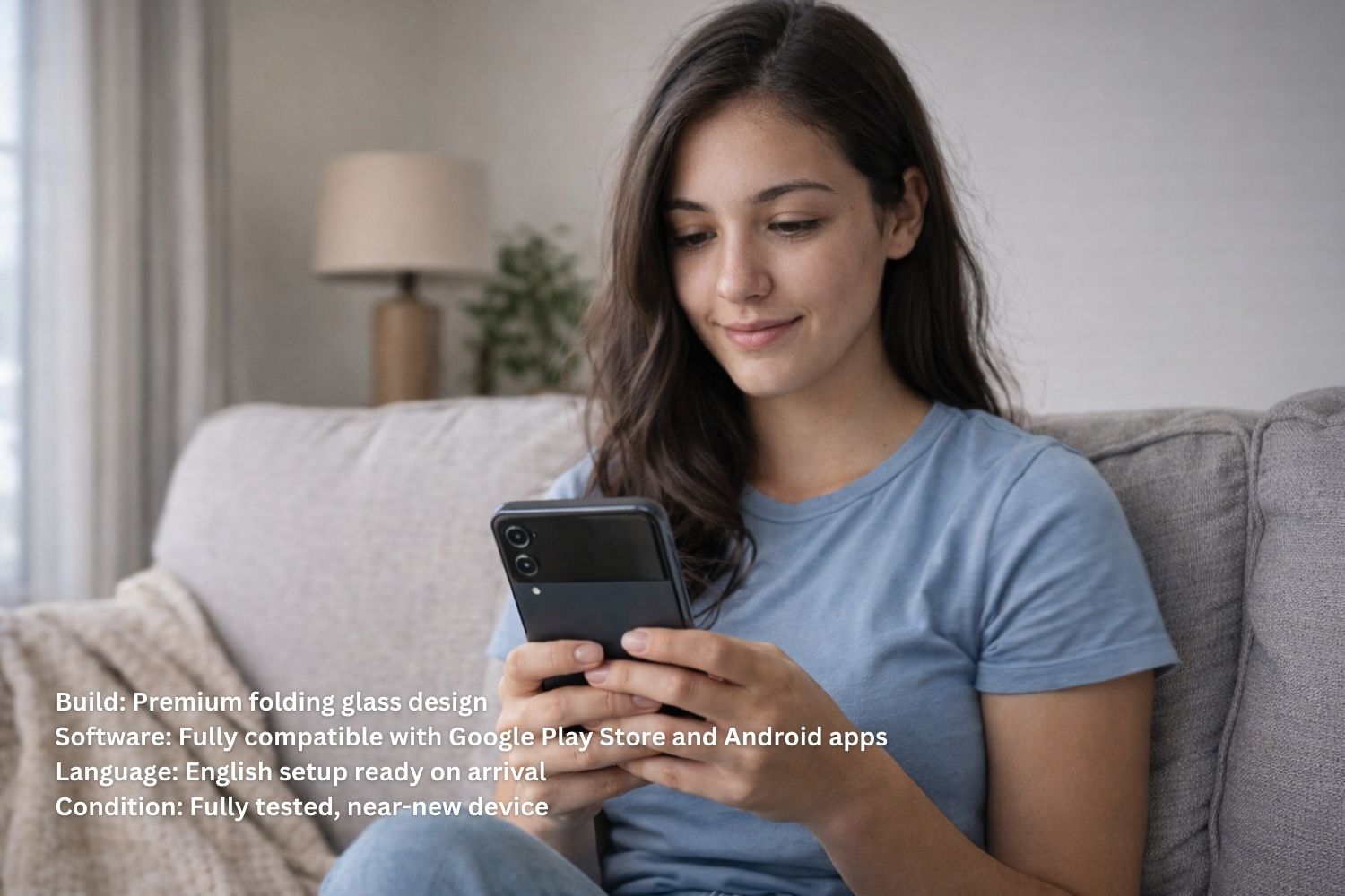 Rent Samsung Galaxy Z Flip 4 student texting on couch