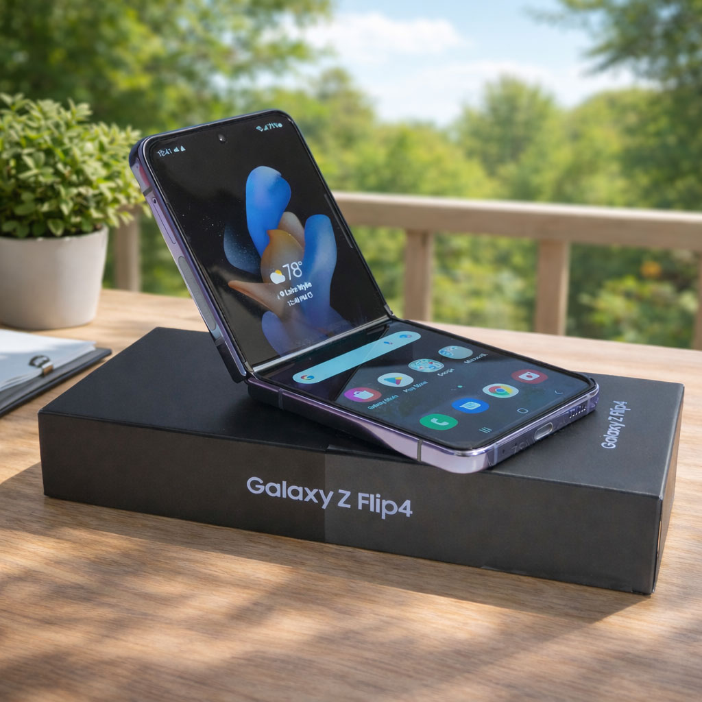 Rent Galaxy Z Flip 4 foldable smartphone displayed on desk outdoors