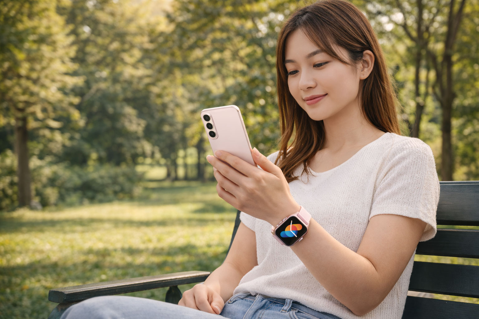 Asian woman sitting on park chair using smartphone outdoors