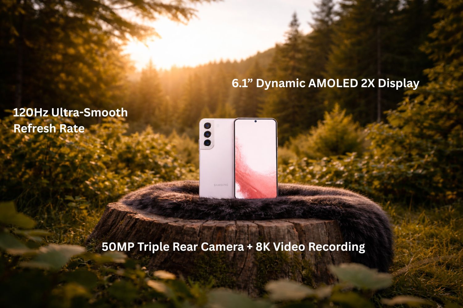 Rent Samsung Galaxy S22 on forest log at sunrise