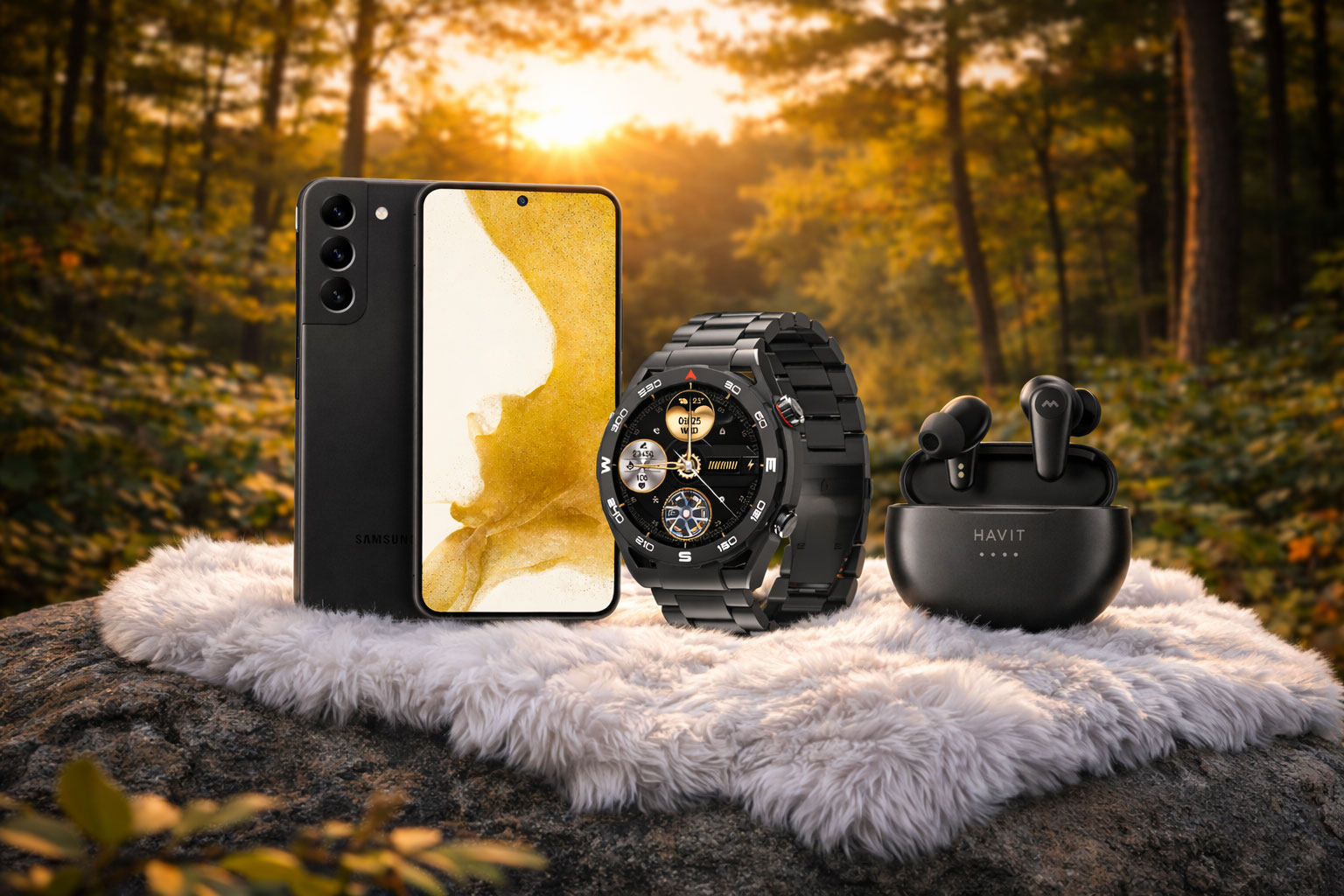 Rent phone watch earbuds on rock