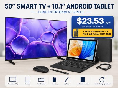 50 inch Smart TV and 10.1 inch Android tablet bundle, \$23.53 per week, plus a free Amazon Fire TV Stick 4K Select
